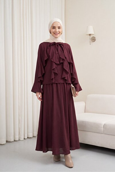 Modamorfo Lined Tulle Modal Set with Tie Collar and Ruffle Detail - Plum