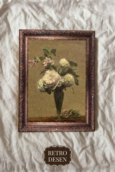 Retro Vintage Çerçeveli Çiçek Tablosu, Sanatsal Vazoda Çiçek Resmi, Baskı, Du...