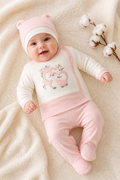 Pure Boutique Baby girl 3-piece pink Cotton set with blouse, pants and pengui...