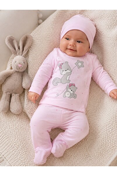 Pure Boutique Compleu bebe fetita roz cu caciulita si imprimeu veverite din b...