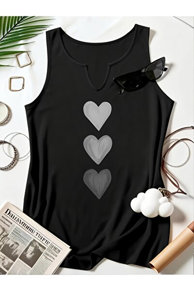 Deocept Women's Hearts Printed Half V-Neck Sleeveless Regular Fit Casual T-Shirt