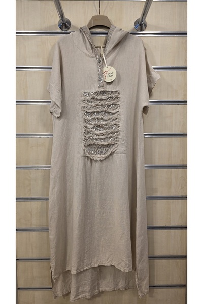Park Moda Italian Linen Dress with Sequins and Fringe Detail