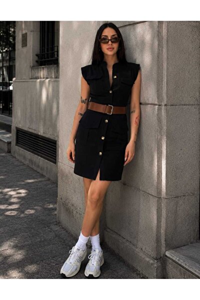 Budan Export Women's Belted Double Pocket Buttoned Sleeveless Safari Mini Dress