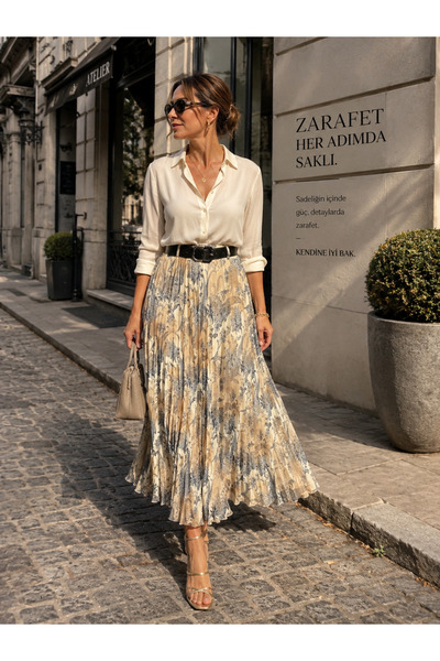 ARİF AKKAYA Fusta plisată din șifon cu model vintage și curea