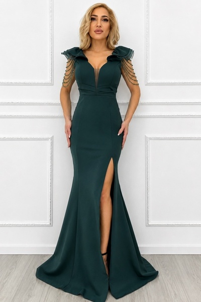 FashionForYou Rochie lungă, cu șiruri de cristale Valerina și trenă, verde.