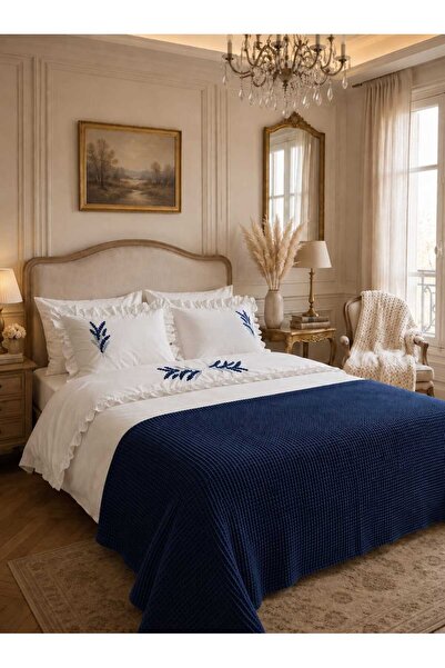 İK TEKSTİL Trigo King Size Navy Blue Floral Embroidered Cotton Duvet Cover Se...