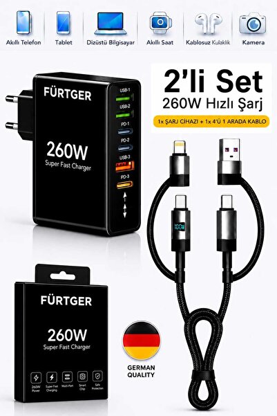 Fürtger German 260W 3 Type-C + 3 Usb-A Toplam 6 Çıkışlı Süper Hızlı Şarj Alet...