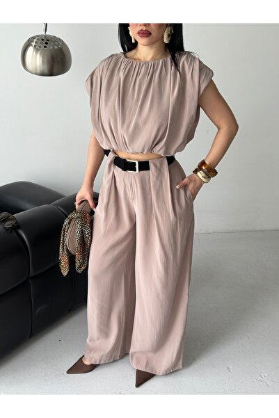 Ekim Store Piliseli Crop Blouse Pants Modal Set