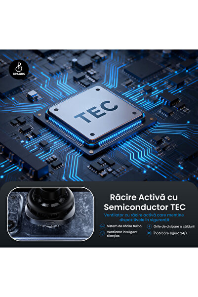BRAGUS Încărcător magnetic wireless auto, Încărcare rapidă de 25W, Funcție de răcire integrată, Suport robust, Protocol QI2.2, Lumină ambientală, Adaptor de 45W inclus, Tehnologie MagSafe, Suport telefon