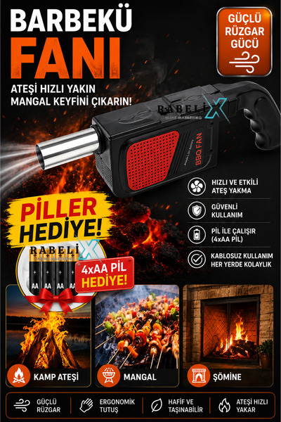 Rabelix Online Marketing Barbekü Fanı Mangal Ateşleyici Körük Fanı 4xAA Pilli...
