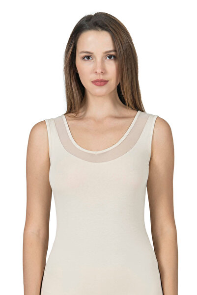 BENALİ Women's Modal Cotton Thick Strap V-Neck Tank Top with Tulle Detail