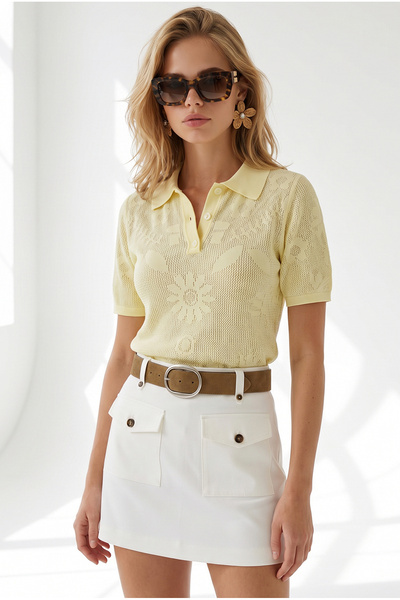 Olalook Women's Yellow Polo Collar Floral Patterned Openwork Knitwear Blouse ...