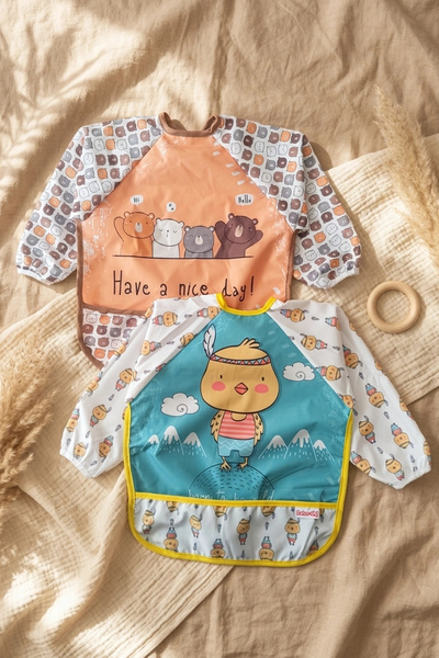 Babydonat Long Sleeve Waterproof Baby Bib Set of 2 -6-24 Months Blw Compatible, Stain Resistant, Teddy Bear and Chick