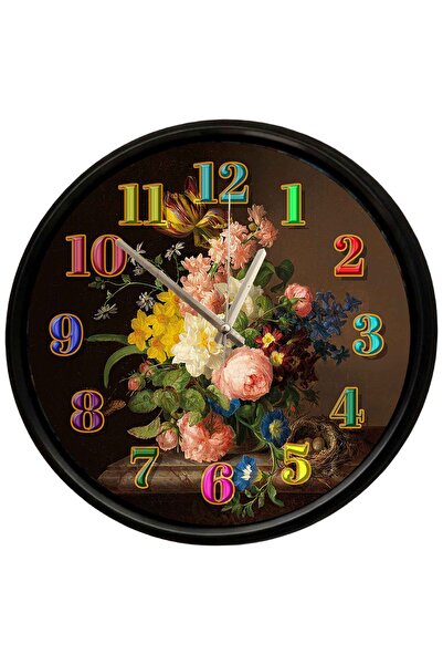 Caseras Decorative Wall Clock with Artistic Flower Bouquet Design 28 cm Silen...