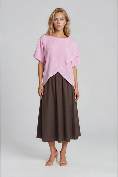 Spazio Asimetrik Kesim Kat Detaylı Oversize Bluz PEMBE
