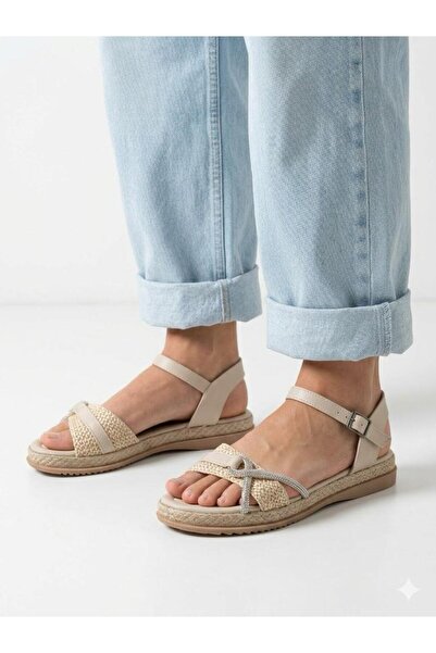 Lütfi Women's Beige Straw Detailed Comfortable Sole Daily Sandals