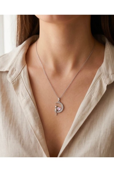 Portakal Esintisi Catelune Zircon Stone Cat and Pink Heart Steel Moon Necklace