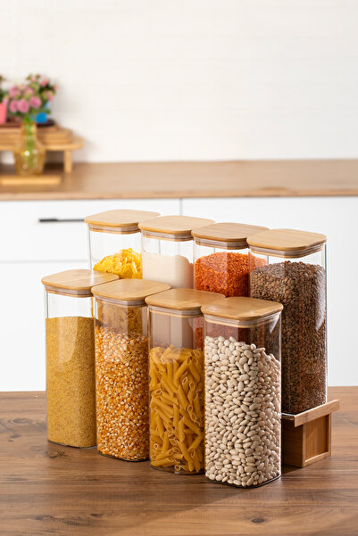 Porsima 7-4 Bamboo Vacuum Lid Square Borosilicate Glass 8-Piece Jar Set Stora...