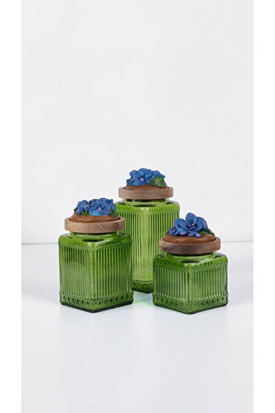 byUZUNOĞLU French Country Acacia Lid Premium Jar Set of 3 - Sapphire Flower D...