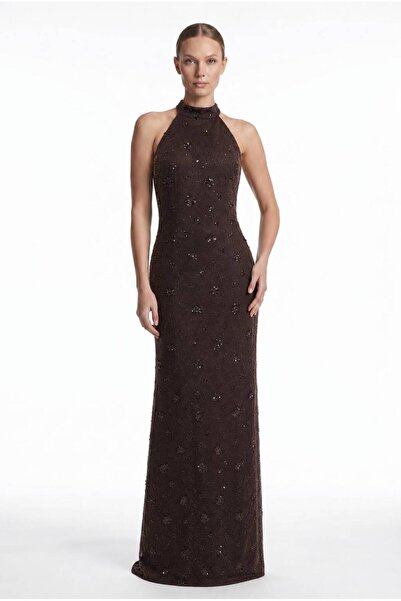 SpringStore Kahve Halter Yaka Payet İşlemeli Abiye