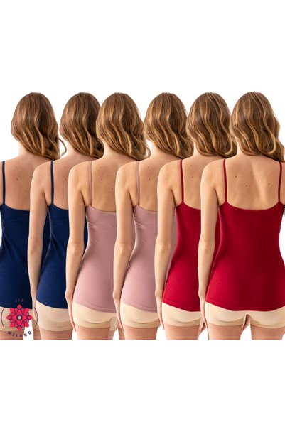 Alos Women's Lace Detailed (2 Pieces of Each Color-Navy Blue-Claret Red-Rose) Thin Strap Cotton Lycra Undershirt 6-Piece Pack