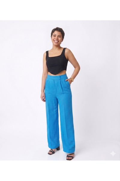 GAMZE ALPTEKİN Beli Velcro Closure Palazzo Trousers Ayrobin Linen Fabric High...