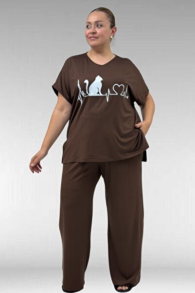 Eslina 67804 Large Size Combed Cotton Pajama Set with Side Slits - Brown
