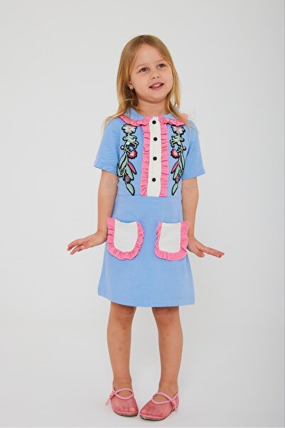 Rubeto Kids 2-8 Years Old Girl's Blue Dress with Embroidery Detail