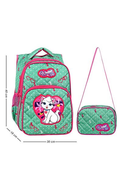 Waddell Geantă de școală primară cu model de pisică verde mentă cu cutie de p...