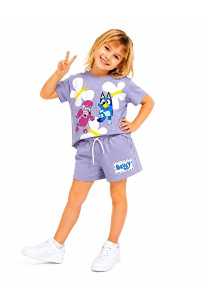 kr kids Kız Çocuk Karakter Baskılı Şortlu Takım Lila Yazlık 2’li Takım