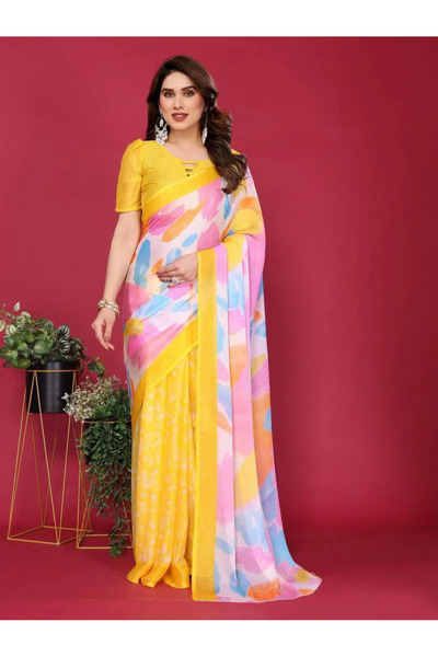 Generic Ready To Wear Chiffon Silk Saree, Women's Moss Chiffon Silk Printed S...