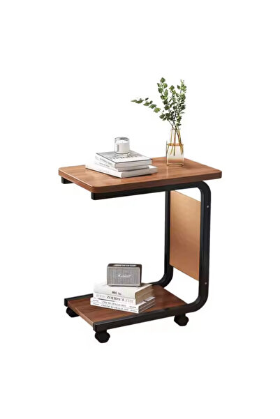 TodayShop Măsuță de cafea mobilă cu roți - 2 blaturi din lemn și buzunar lateral