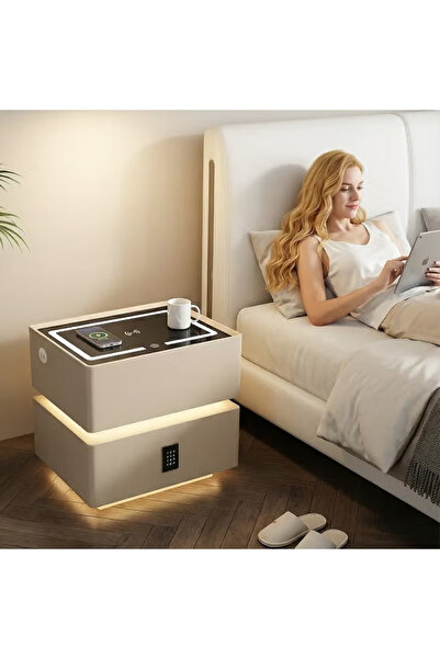 table طاولة سرير متعددة الوظائف مع تخزين على مستويين، تتميز بإضاءة تعمل بالحر...