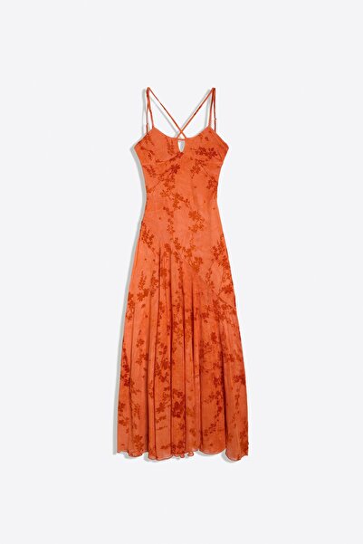 Bershka Floklu tül askılı midi elbise