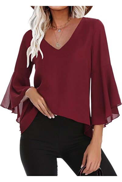 Gyabnw Women Summer Casual Chiffon Blouse 3/4 Sleeve Breathable Elegant Ruffl...
