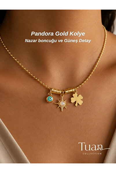 Tuan Collection Charm Model Kolye Güneş Nazar Boncuğu Şans Yoncası Figür Gold...