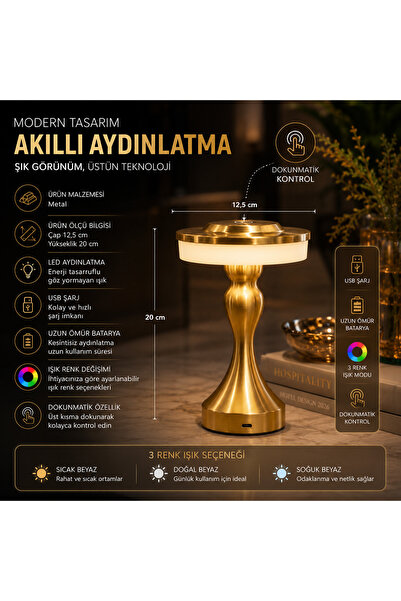 İki Yedi Konsept Karyatid Gold Kablosuz Masa Lambası Şarjlı Dokunmatik LED Ma...