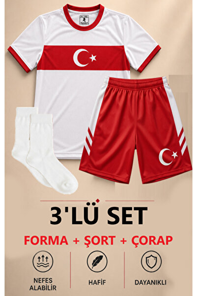 The RAVEN Premium Türkiye Serisi Çocuk Beyaz Futbol Forması 3 PARÇA ( ÇORAP )