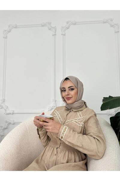 Moodbasic Şerit Detaylı Keten Elbise - Bej
