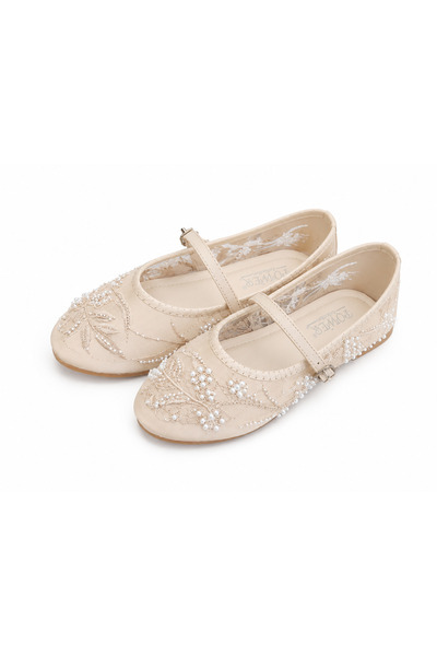 star shoes Women's beige pearl embellished floral beaded sheer tulle ballet f...