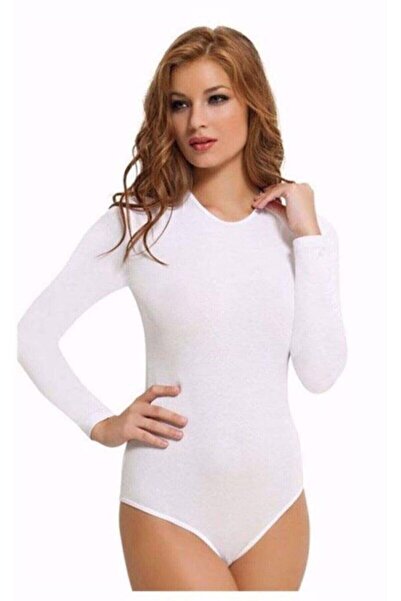 BENALİ Women's White Long Sleeve Crew Neck Snap Badi