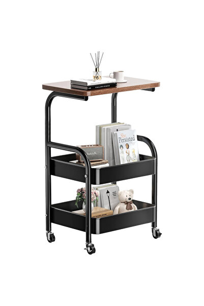 FLYPRO Rolling Cart with Wooden Tabletop 3-Tier Metal Utility Rolling Cart St...