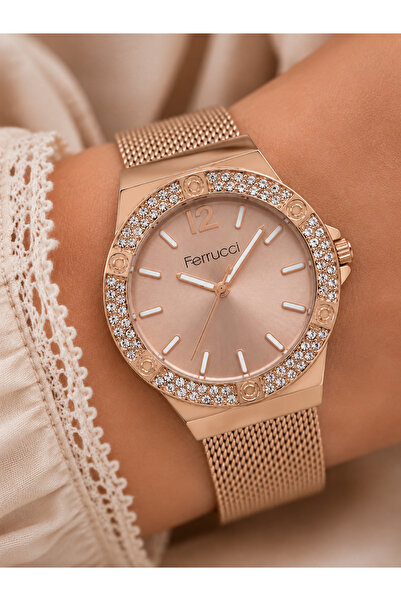 Ferrucci Women's Wristwatch with Wicker Steel Band, Rose Gold Color, Casual a...