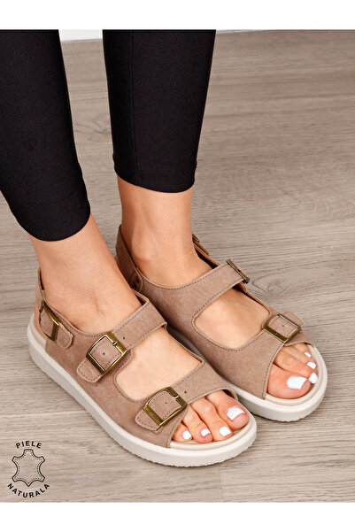 ANGEL BLUE Sandale dama din Piele Naturala intoarsa cu talpa plata CRL1561 KHAKI
