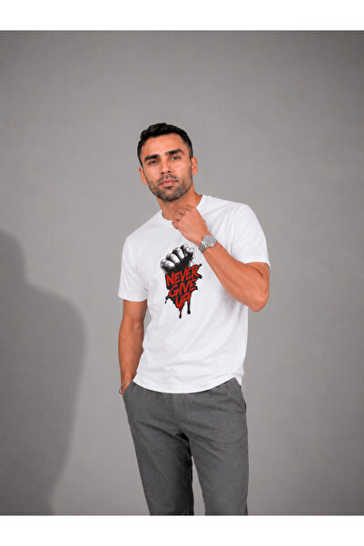 ENB1R MODA Λευκό μπλουζάκι Unisex με λεπτομέρεια σε κόκκινο και μαύρο με εκτύ...
