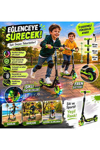 BYCEGU ÜÇ KADEMELİ AYARLANABİLİR İKİ TEKERLEKLİ IŞIKLI YEŞİL SCOOTER