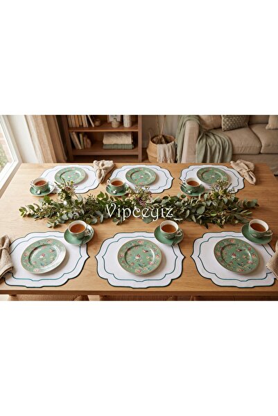 vipceyiz Green Embroidered Stor Patterned Linen American Service Set (6 Pieces)
