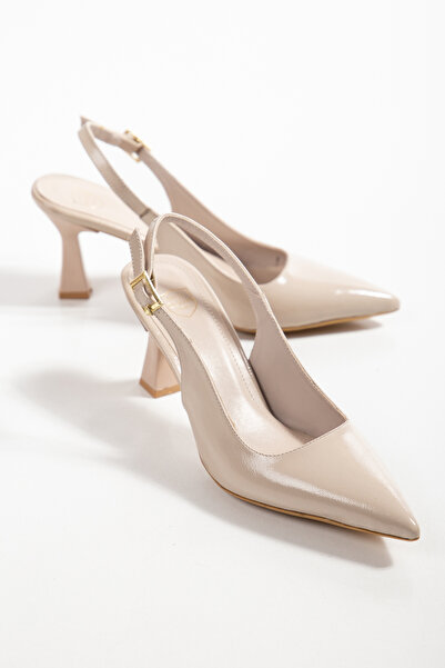 derim shoes Women's Beige Patent Leather Pointed Toe Thin Heel Slingback Shoes