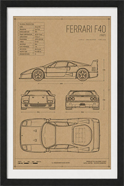 FERRARI F40 Blueprint Line Art | Limited Edition A3 |