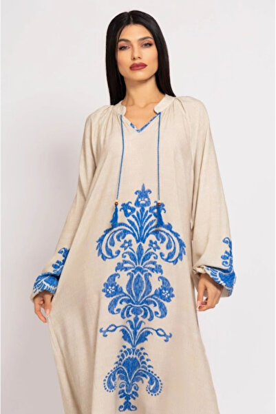 Fame Greece Oversized Viscose Kaftan with Blue Embroidery